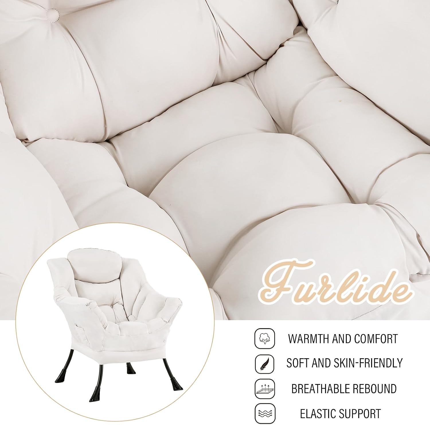 Furlide Lazy Chair with Ottoman, Soft Comfy Chair for Bedroom, Beige | Accent Lounge Chair with folding Foot Stool, Removable Washable Cover and Side Pocket for Reading, Relaxing in Living Room