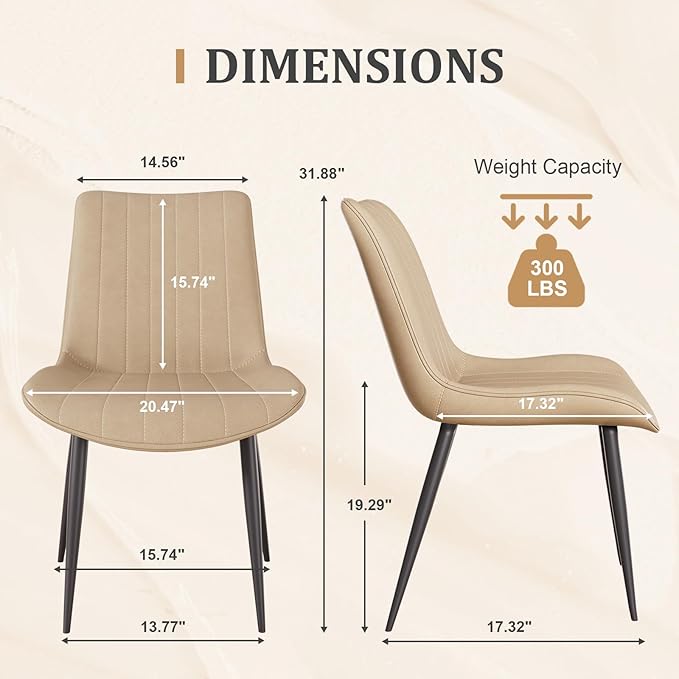 Dining Chairs Set of 2, Leather Modern Kitchen & Dining Room Chairs, Comfortable Upholstered Kitchen Chairs with Metal Legs Armless Side Chairs for Living Room Bedroom Restaurant Cafe, Khaki