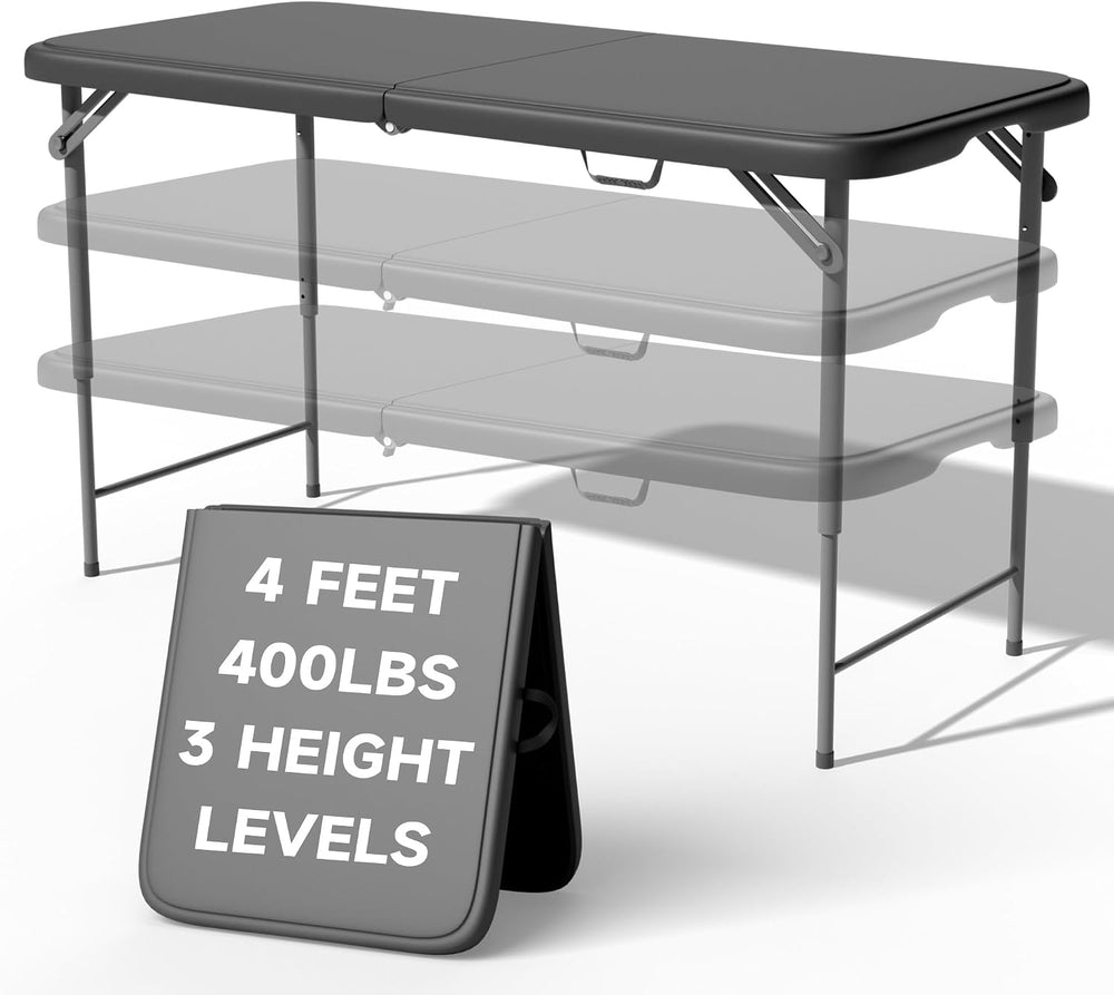 4 FT Folding Table, 3-Position Adjustable Height, Heavy Duty 400 lbs Capacity...