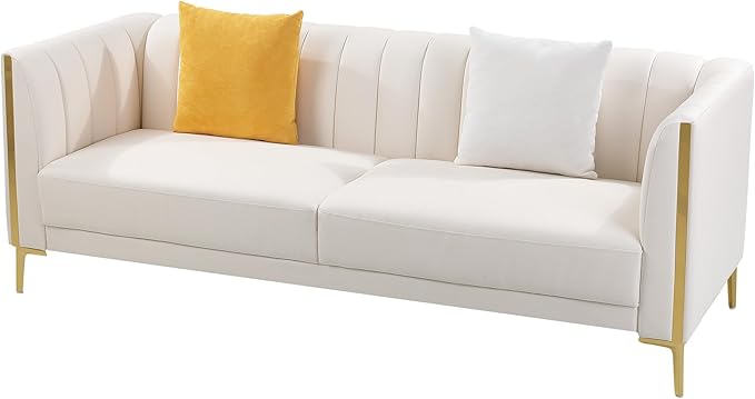 FOTOSOK White Leather Couch Sofa, Office Couches 78'' Apartment Faux Leather Sofa with 2 Throw Pillows & Gold Metal Legs, Waterproof 3 Seater Couches for Small Living Room, Luxury Cloud Sofa