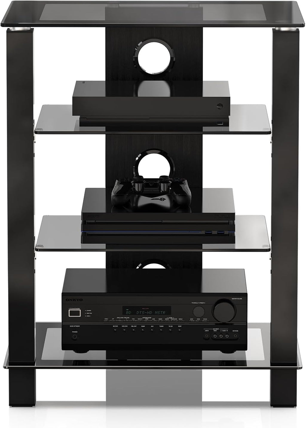FITUEYES 4-Tier AV Media Cabinet Stand Component Cabinet, Gaming TV Stand and Stereo Rack Audio Tower with Height Adjustable Tempered Glass Shelves, AS406003GB
