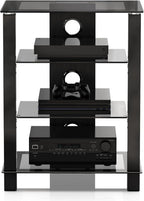 FITUEYES 4-Tier AV Media Cabinet Stand Component Cabinet, Gaming TV Stand and Stereo Rack Audio Tower with Height Adjustable Tempered Glass Shelves, AS406003GB