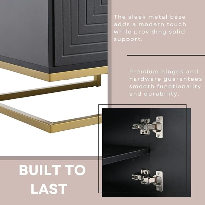 Ball & Cast Modern TV Stand with Storage Cabinets for TVs up to 80", Luxury Media Console w/Metal Legs & Gold Handles,Geometric Lines & Adjustable Shelf,Entertainment Center for Living Room,Black