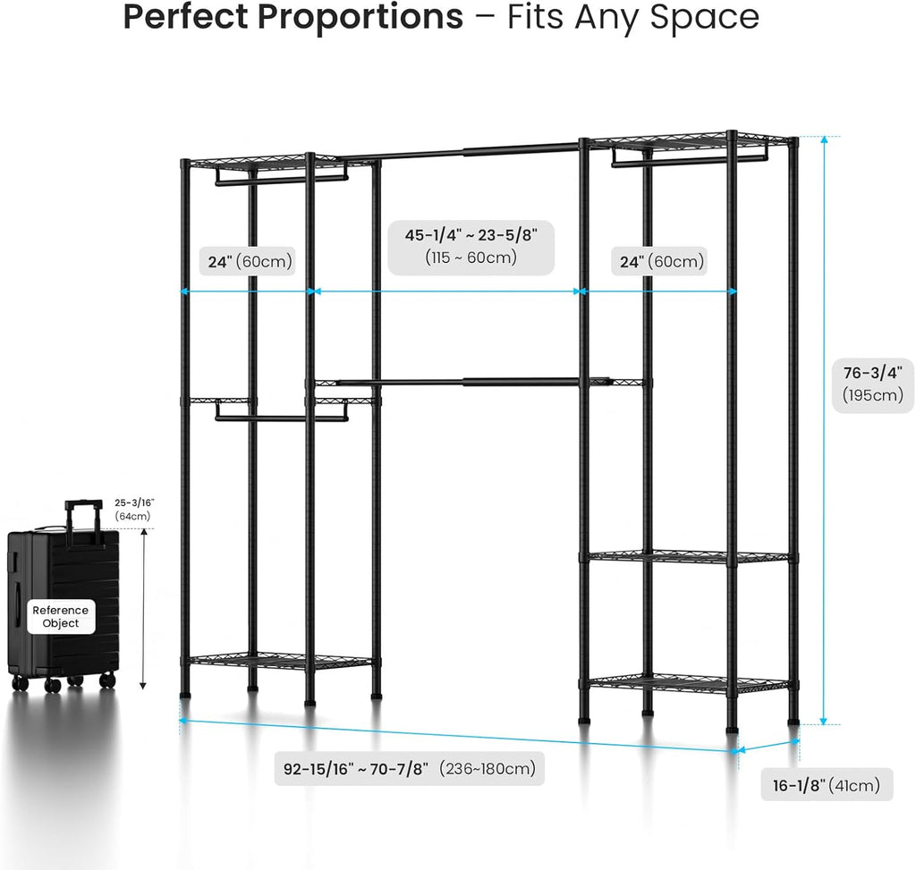 Metal Garment Racks Heavy Duty Clothes Rack Adjustable Freestanding Expandable Industrial Pipe Clothing Rack for Hanging Clothes - 70" L x 16" W x 76.7" H, Black