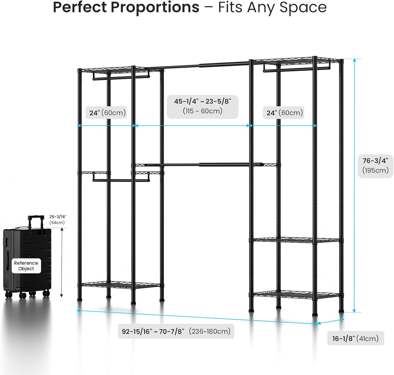 Metal Garment Racks Heavy Duty Clothes Rack Adjustable Freestanding Expandable Industrial Pipe Clothing Rack for Hanging Clothes - 70" L x 16" W x 76.7" H, Black