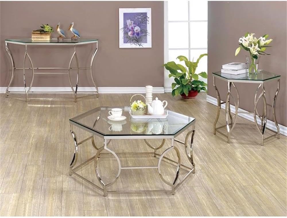 BOWERY HILL Contemporary Metal End Table, Chrome Finish, Hexagon 8mm Tempered...