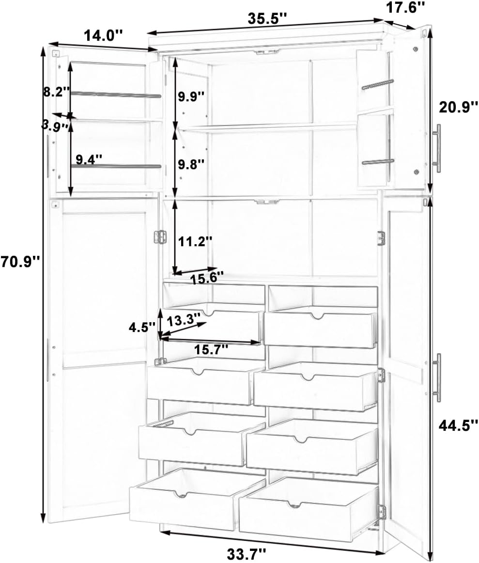 Tall 4 Doors Kitchen Pantry Cabinet with 8 Pull-Out Trays, Freestanding Pantr...