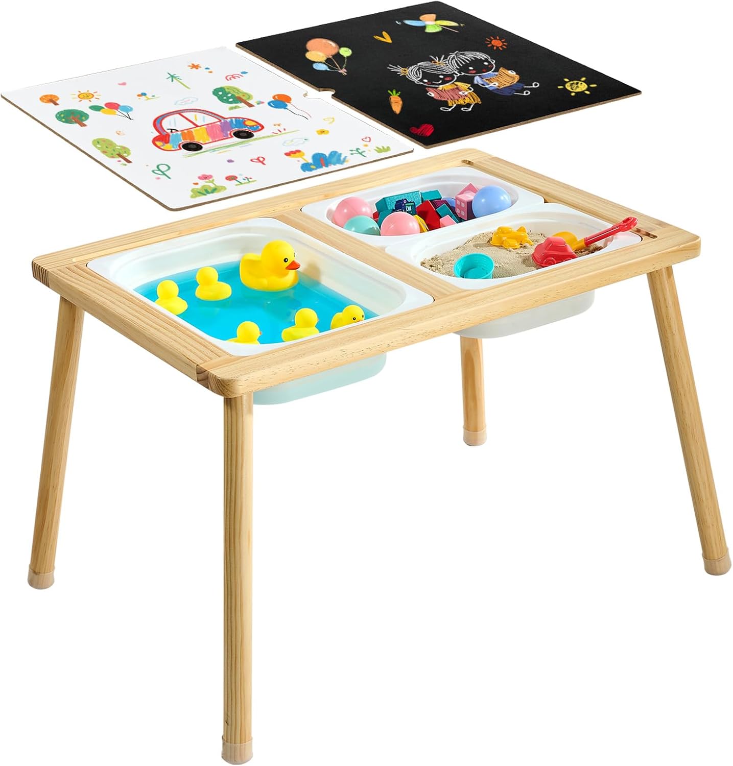VEVOR Sensory Table for Toddlers, Wooden Kids Activity Table with Reversible Double-Sided Board, Storage Bins, and Non-Slip Feet, for Boys and Girls Playing Sand and Water, Drawing, Studying, Dining