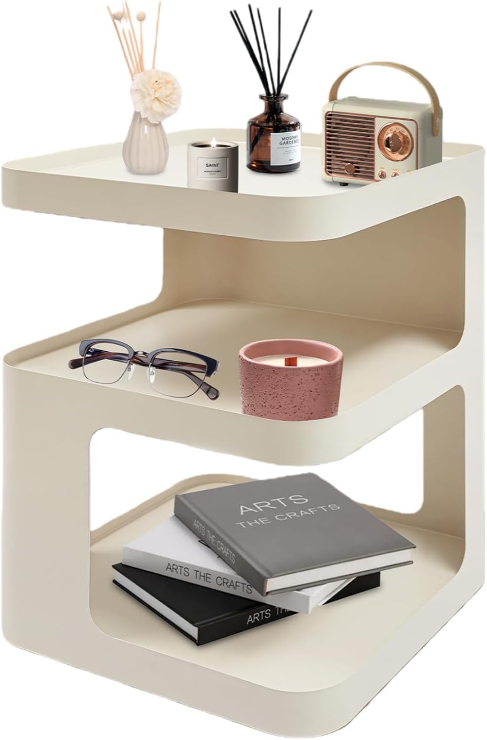 Modern End Tables 3 Tier Small Nightstand Metal Side Table with Storage Accen...