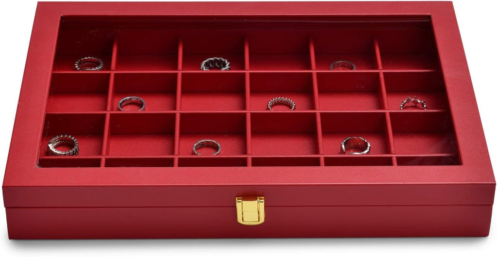 Oirlv Luxury Leather 24 Grid Jewelry Tray with Transparent Lid Earrings Rings Organizer Box Stackable Jewelry Box Drawer Inserts Women Gift