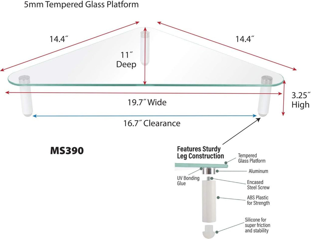 Kantek Glass Corner Monitor Riser, 19.7" x 11" x 3.25", Clear, Supports 40 lbs