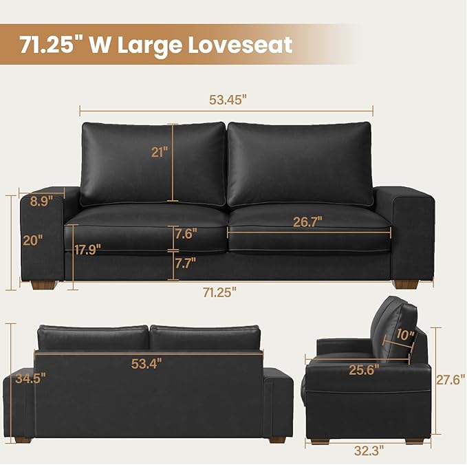 Modern Faux Leather Loveseat Sofa, Compact Small Couch with Spring Cushions & Solid Wood Frame, Easy-Clean Removable Cover, Living Room Office Apartment Furniture (71.25", Black)