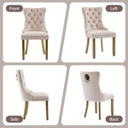 Beige Velvet Dining Chairs Set of 2, Upholstered Dining Room Chairs with Lion Head Pulls Ring and Golden Solid Wood Legs, Modern Button Tufted Kitchen Chairs for Dining Room, Kitchen(Beige)