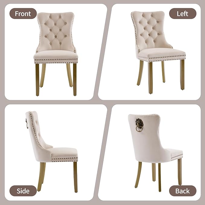 Beige Velvet Dining Chairs Set of 6, Upholstered Dining Room Chairs with Lion Head Pulls Ring and Golden Solid Wood Legs, Modern Button Tufted Kitchen Chairs for Dining Room, Kitchen(Beige)
