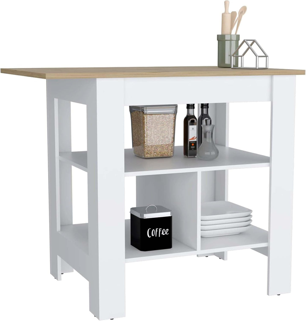 Kitchen Island, Kitchen Table 35" H, 3 Open Shelves, White/Macadamia | T...