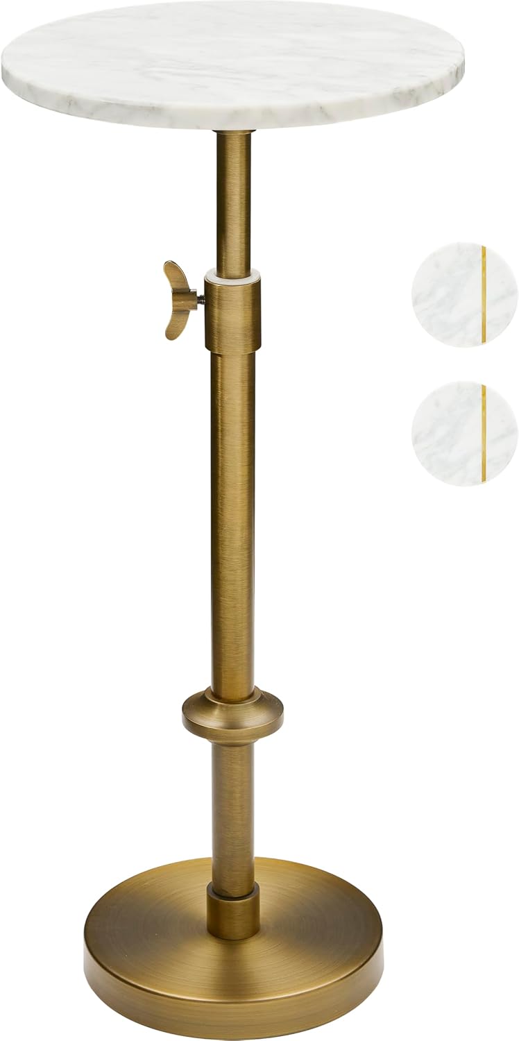 Adjustable 10" White Marble Drink Table with 2 Coasters, Antique Brass⁠ ...