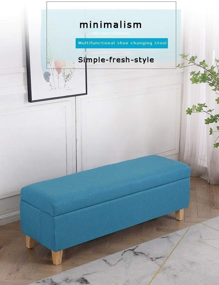 Linen Fabric Footstool Storage Upholstered Ottoman Pouffe Stool Change Shoe Footrest Wooden Legs for Living Room Bedroom Light Blue (120 * 40 * 42cm) (Color : Beige, Size : 120 * 40 * 42cm)