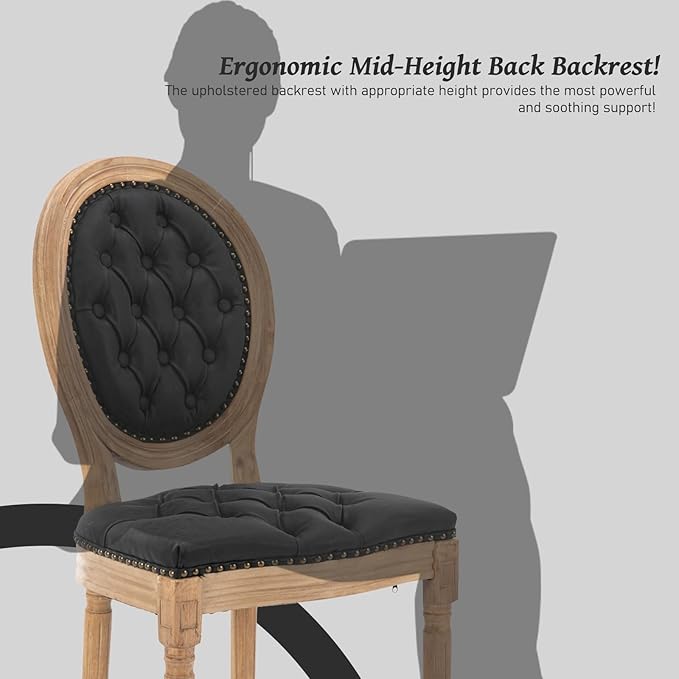 French Country Dining Chairs Set of 6,Farmhouse Upholstered Dining Room Chairs with Tufted Round Back&Solid Leg,PU Leather Kitchen Side Chairs for Kitchen/Bedroom/Dining Room,Black