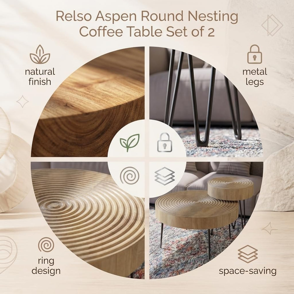 Relso Aspen Round Nesting Coffee Table Set of 2 – Solid Wood Nesting Tables w...