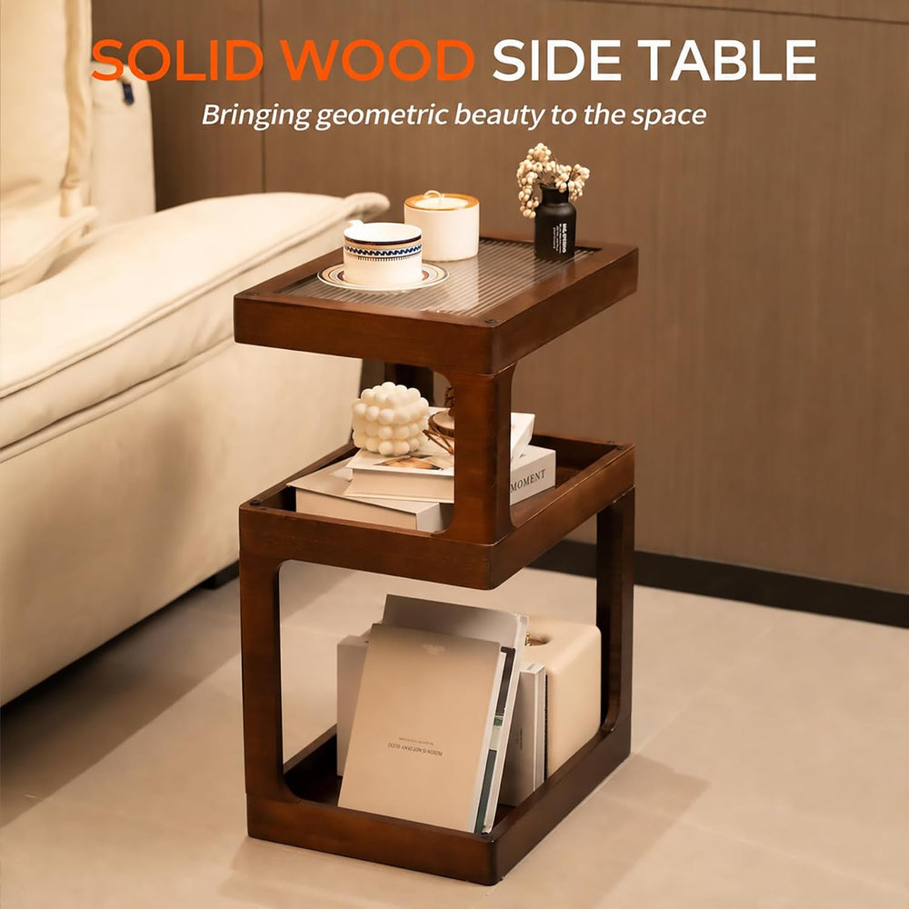 Solid Wood End Table, 3 Tier Small Side Table, Brown Accent Table
