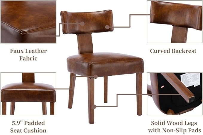 Mid Century Modern Dining Chairs Set of 6 PU Leather Upholstered Side Chairs, Modern Kitchen Armless Parson Chairs Solid Wood Dining Chairs, Brown