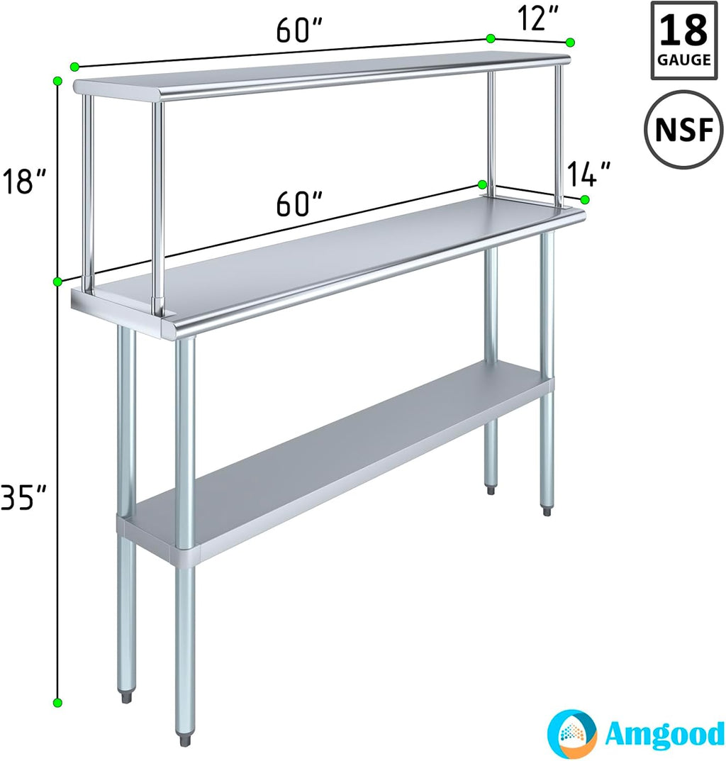 Stainless Steel Work Table with Wide Single Tier Overshelf | Metal Kitchen Prep Table & Shelving Combo (14" x 60" Work Table + 12" Overshelf)