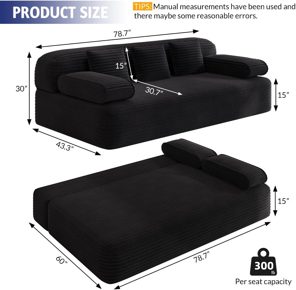 78.7'' Couches Queen, Corduroy Futon Sofa Bed, Modern Floor Couch, Cl...