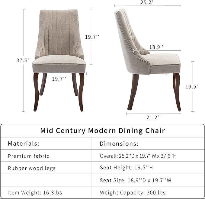 Beige Mid Century Dining Chairs Set of 4, Modern Kitchen & Dining Room Chairs Set of 4, Fabric Upholstered Kitchen Chairs, Sillas de Comedor, Wood Legs (Beige, 4 Pcs)