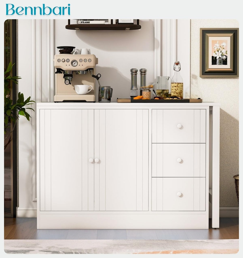 89.7'' Kitchen Island with Extendable Dining Table, Modern Storage Island with 2 Doors and 3 Drawers for Kitchen Living Room (White)