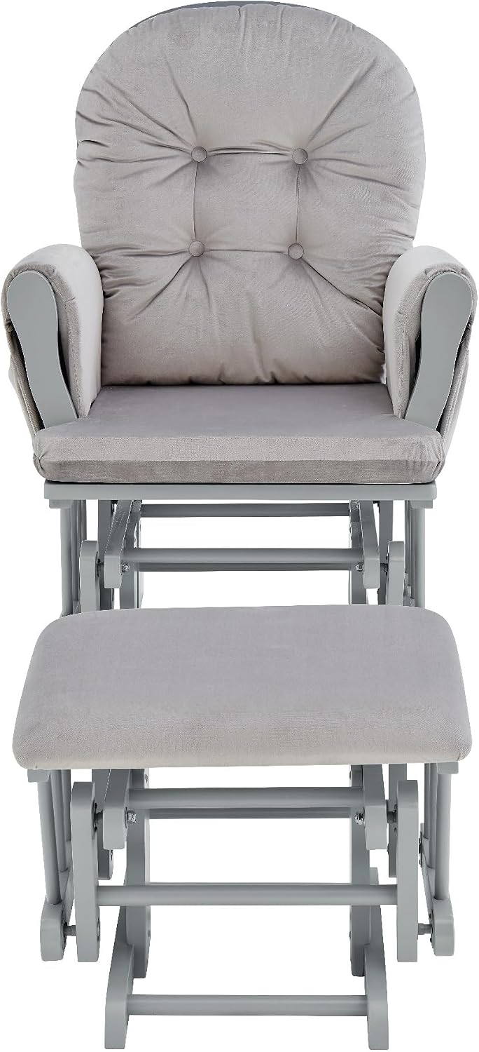 Penau Glider and Ottoman, Button Tufted Gray, Wood Fabric | Nursery Glider And Ottoman Set, Soft Quiet Motion, Button Tufted Back, Side Pocket, Cozy Bonding Spot