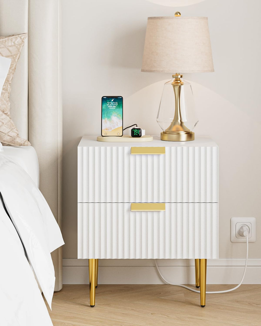 Nightstand with Charging Station, Bedside Table with Gold Frame,White Night S...