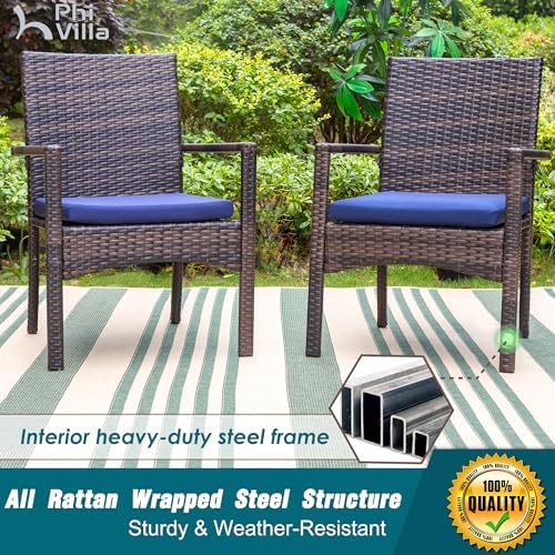 PHI VILLA 7-Piece Patio Set with 13ft Blue Umbrella, 6 Rattan Chairs
