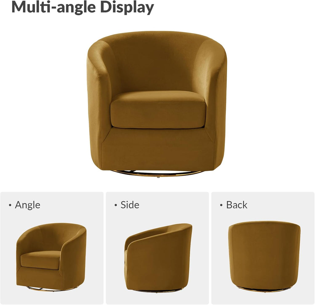HULALA HOME Swivel Accent Chair with Gold Metal Base, Contemporary Velvet Curved Swivel Barrel Chair, Upholstered Club Armchair, Leisure Single Sofa for Living Room, Nursery, Bedroom(Golden)