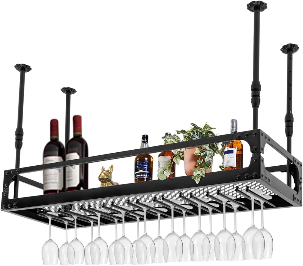 Ceiling Wine Glass Rack, 39.3x13.7in Adjustable Industrial Hanging Wine Bottl...