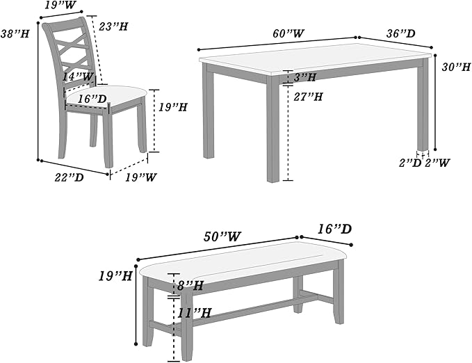 Poundex 6 Piece Charcoal Modern Dining Set with Table, 4 Chairs & Bench