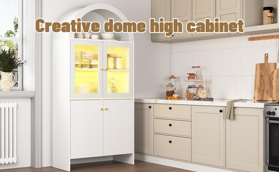 Spaco 69" Tall Arched Kitchen Pantry Cabinet with Led Lights,Wood Fluted...