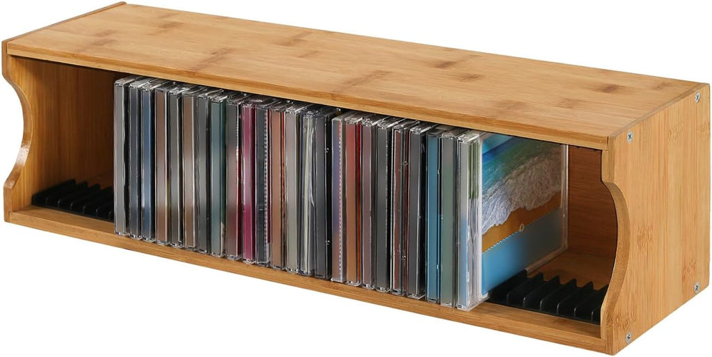 AriSen Bamboo CD Storage Rack, CD Record Rack, DVD Media Disc Rack, Storage & Display Rack for Vintage Music Records, CD Collection Case
