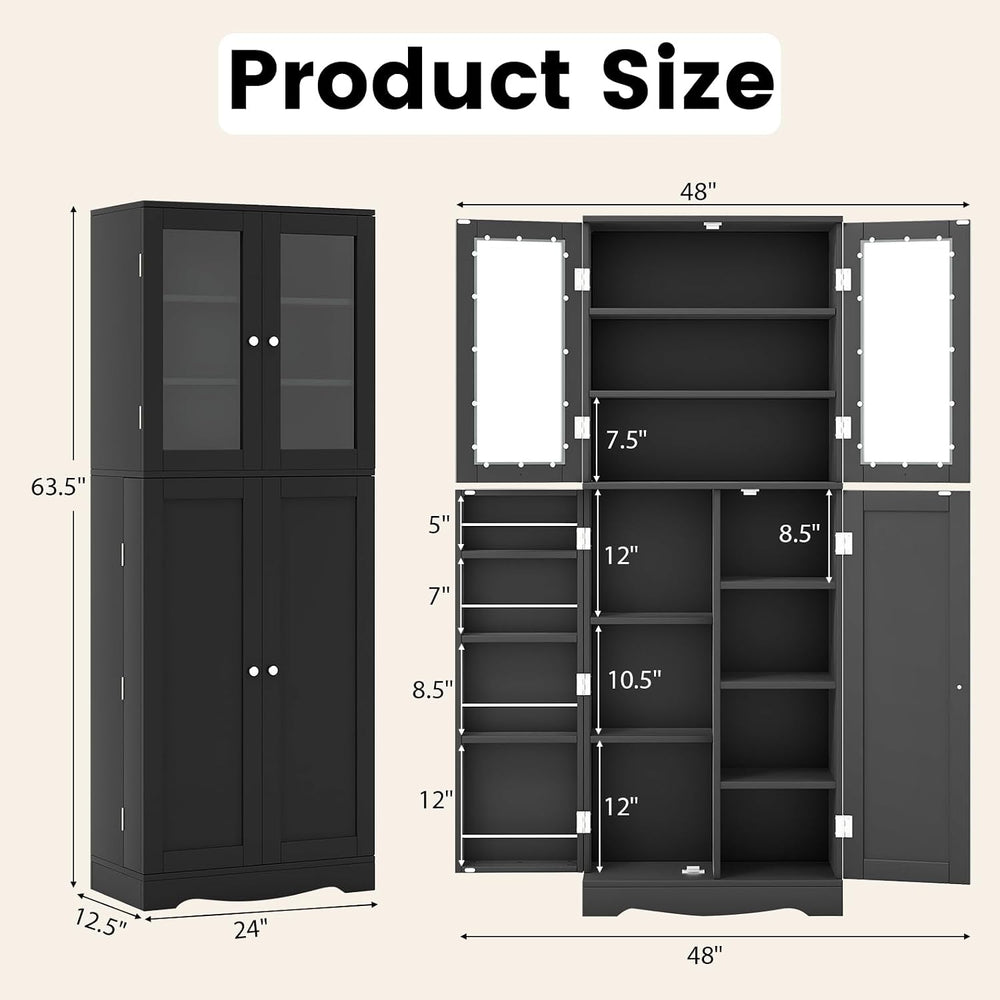 SlickBlue Tall Kitchen Pantry Cabinet with Tempered Glass Doors and Storage S...