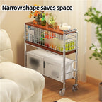 Slim Storage Cart with Wheels, 2 Tier Rolling Cart with Solid Wood Open Shelf, Space-Saving Snack Cart, Utility Cart for Kitchen, Bathroom, Living Room