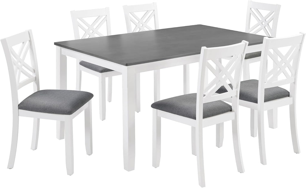 Harper & Bright Designs 58.5" Lx34.5 W Solid Wood 7-Piece Dining Table Set for 6, Grey White Two-Tone Kitchen Dining Room Set with 6 Upholstered Chairs, Rubber Wood Frame, 330LBS Capacity