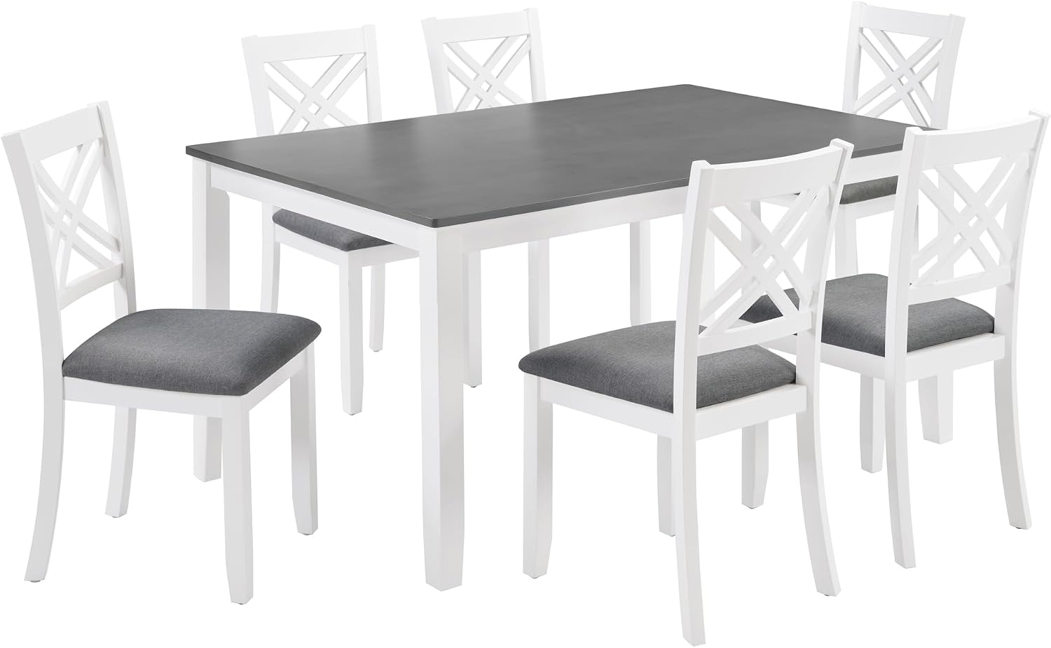 Harper & Bright Designs 58.5" Lx34.5 W Solid Wood 7-Piece Dining Table Set for 6, Grey White Two-Tone Kitchen Dining Room Set with 6 Upholstered Chairs, Rubber Wood Frame, 330LBS Capacity