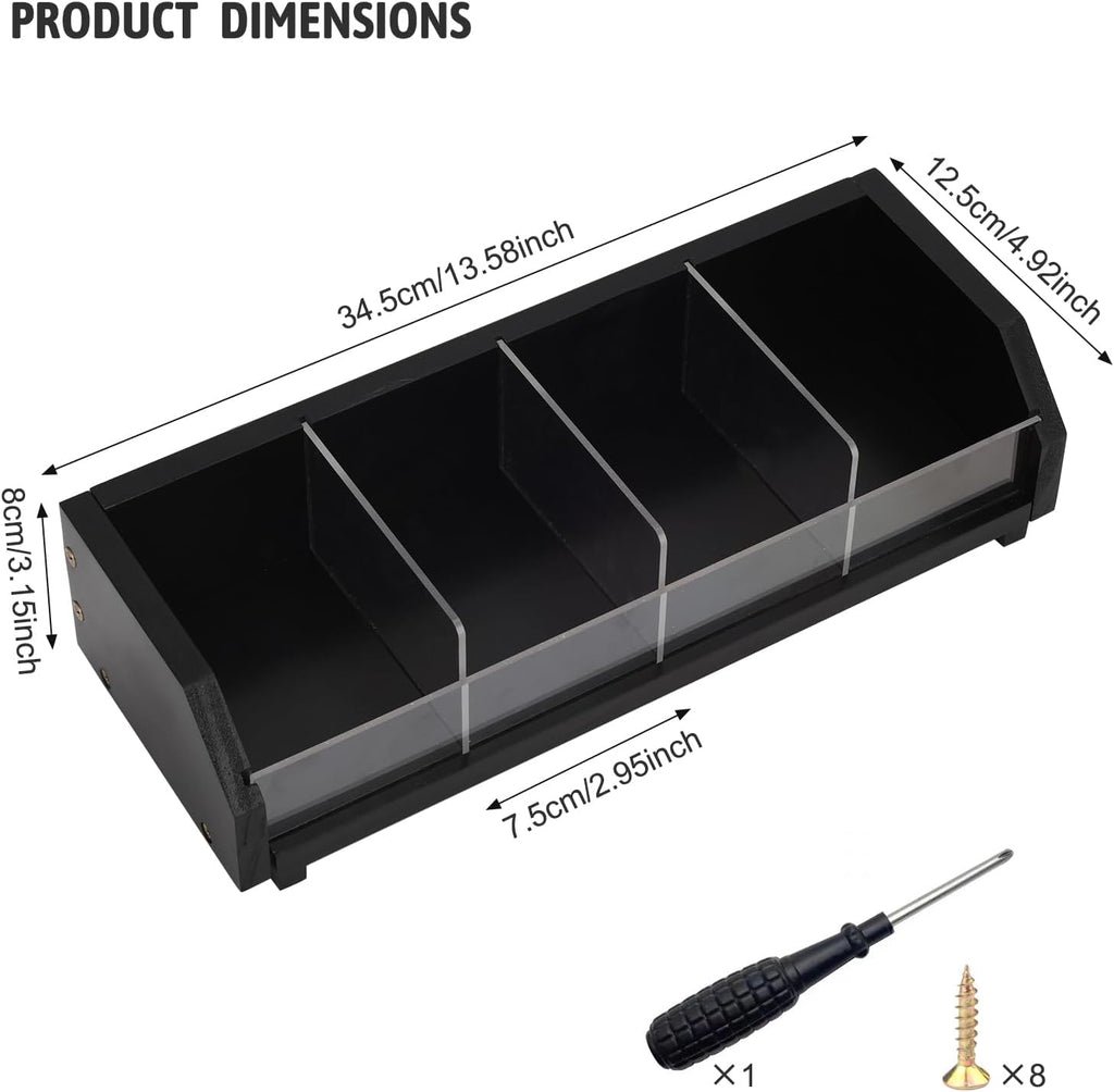 Tea Bag Holder Organizer Box with 4 Compartments, Pine Wood and Acrylic, 13.5 x 4.9 x 3.1 inches for Drawer, Cabinet, Countertop, Tea Tray (Black)