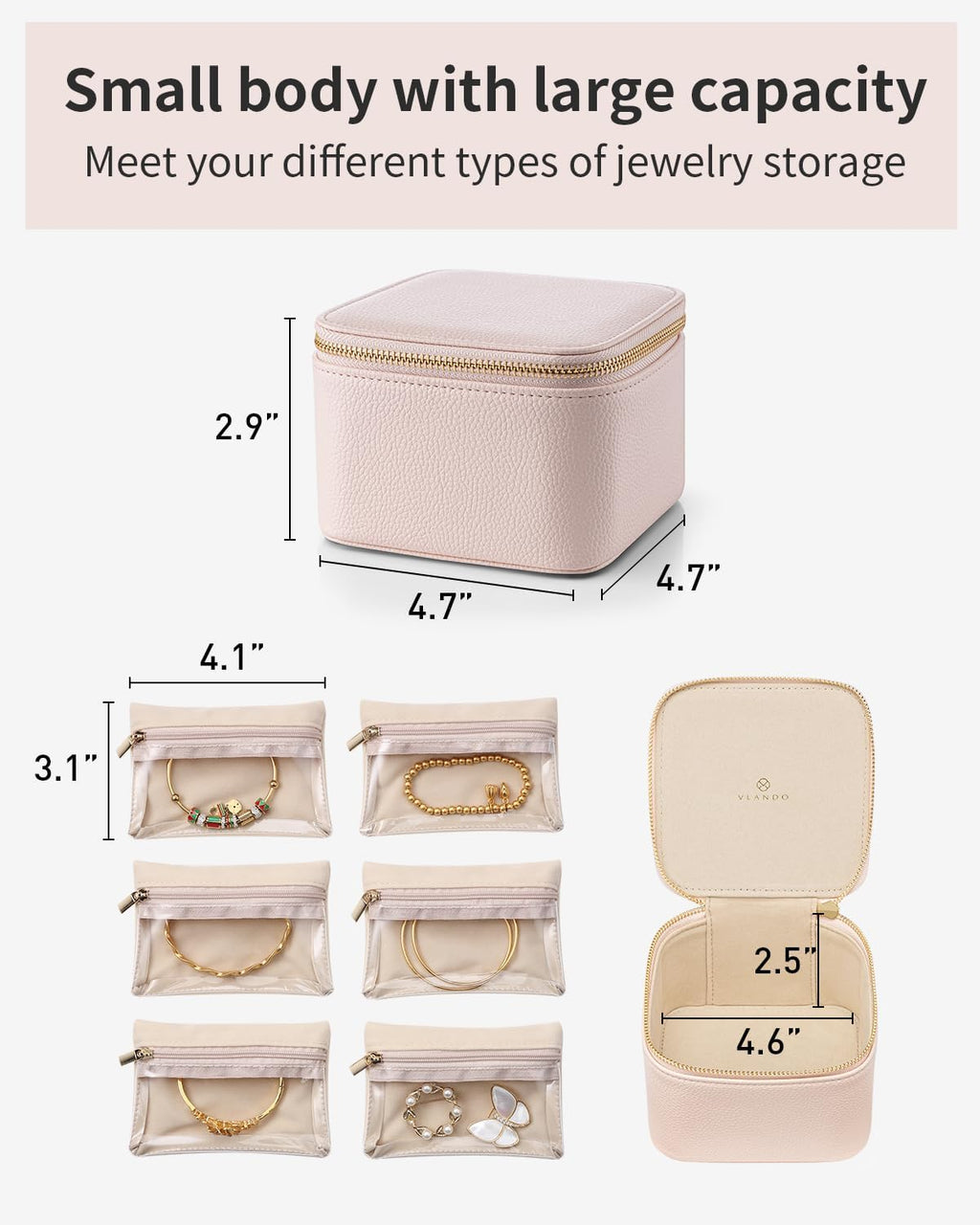 Vlando Gifts for Teachers,Jewelry Box with 6 Velvet Jewelry Bags Travel Jewelry Storage for Women Girl Jewelry Organizer Necklace Rings Earrings Bags Gifts for Women(Pink)