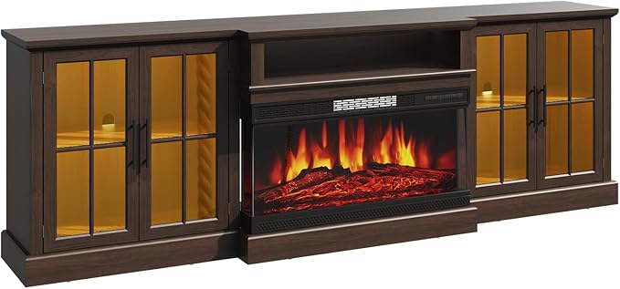 98" Farmhouse TV Stand with 36" Fireplace for Living Room,Media Entertainment Center with Adjustable Shelves and Large Storage Cabinets, TVs up to 100", Brown