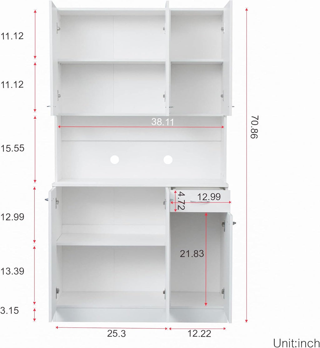 71" Kitchen Pantry Cabinet with Drawer, Farmhouse Tall Storage Cabinet with 6 Doors and Shelves, Rustic Freestanding Cupboard with Storage Rack for Kitchen, Dining Room (White)
