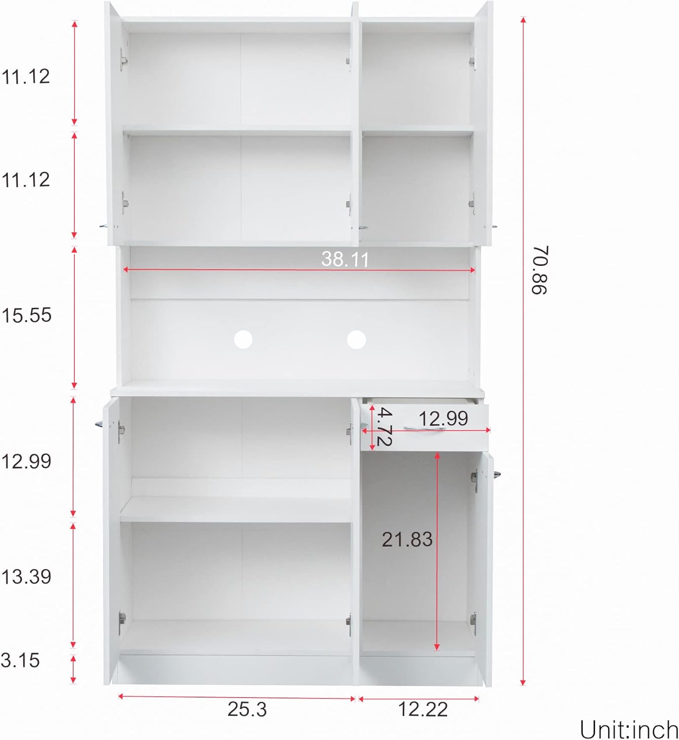 71" Kitchen Pantry Cabinet with Drawer, Farmhouse Tall Storage Cabinet with 6 Doors and Shelves, Rustic Freestanding Cupboard with Storage Rack for Kitchen, Dining Room (White)