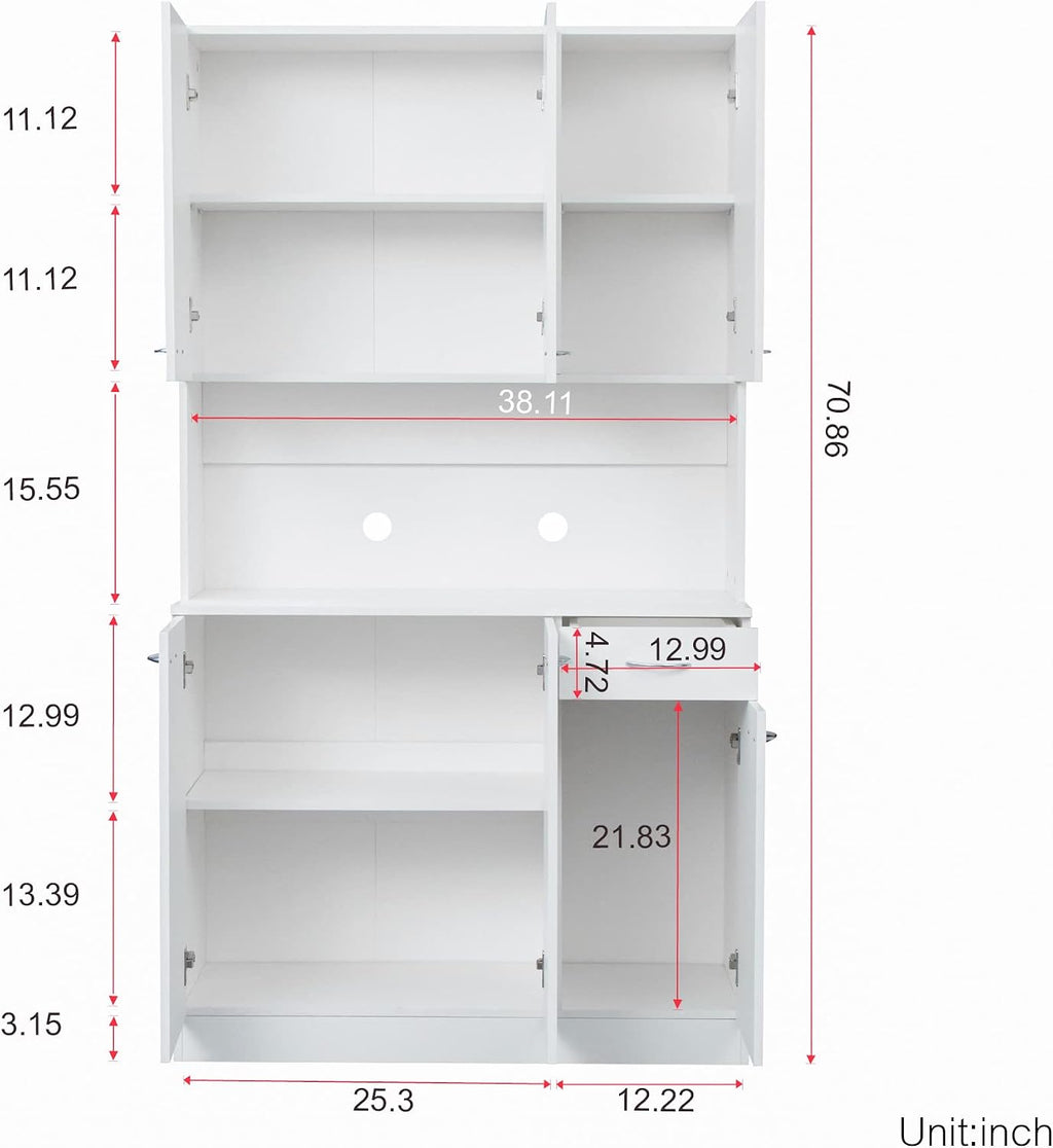 70.87" Tall 6-Door Kitchen Pantry Cabinet with Drawer & Open Shelf, Freestanding Storage Cupboard with Fixed Shelves for Kitchen, Dining Room, Laundry Room(White)