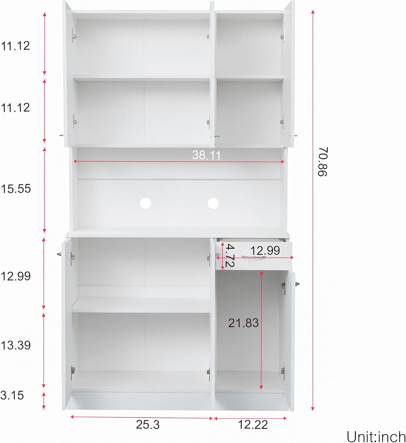 70.87" Tall 6-Door Kitchen Pantry Cabinet with Drawer & Open Shelf, Freestanding Storage Cupboard with Fixed Shelves for Kitchen, Dining Room, Laundry Room(White)