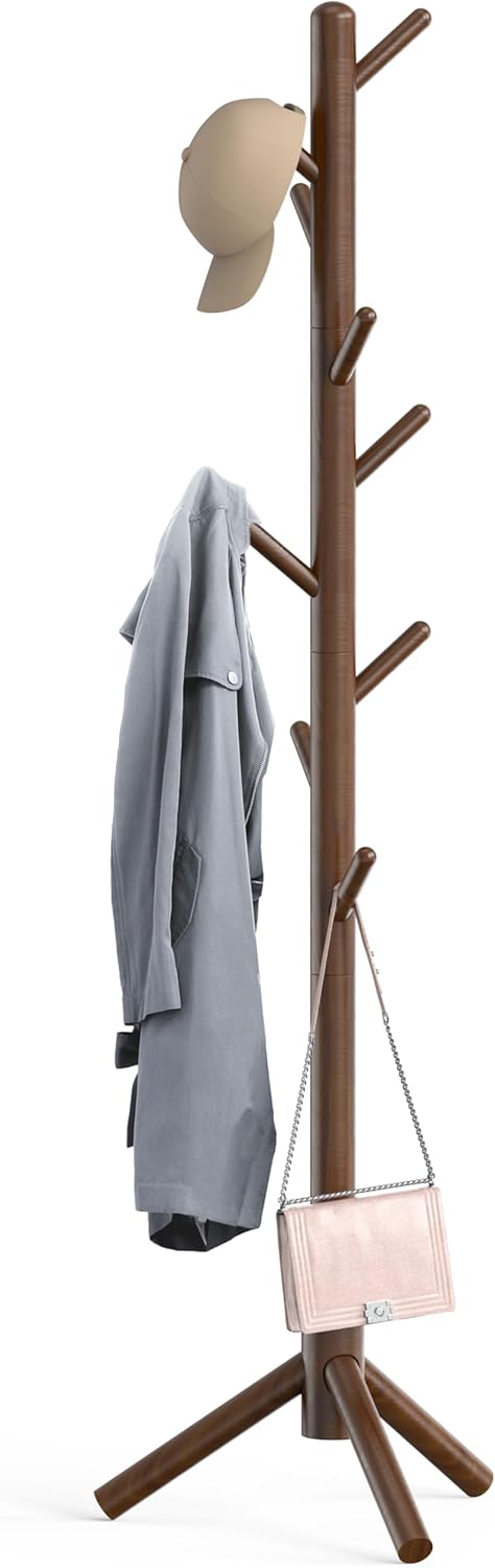 Simple Houseware Wooden Coat Rack Stand Garment Adjustable Tree Rack, 9 Hooks, Walnut