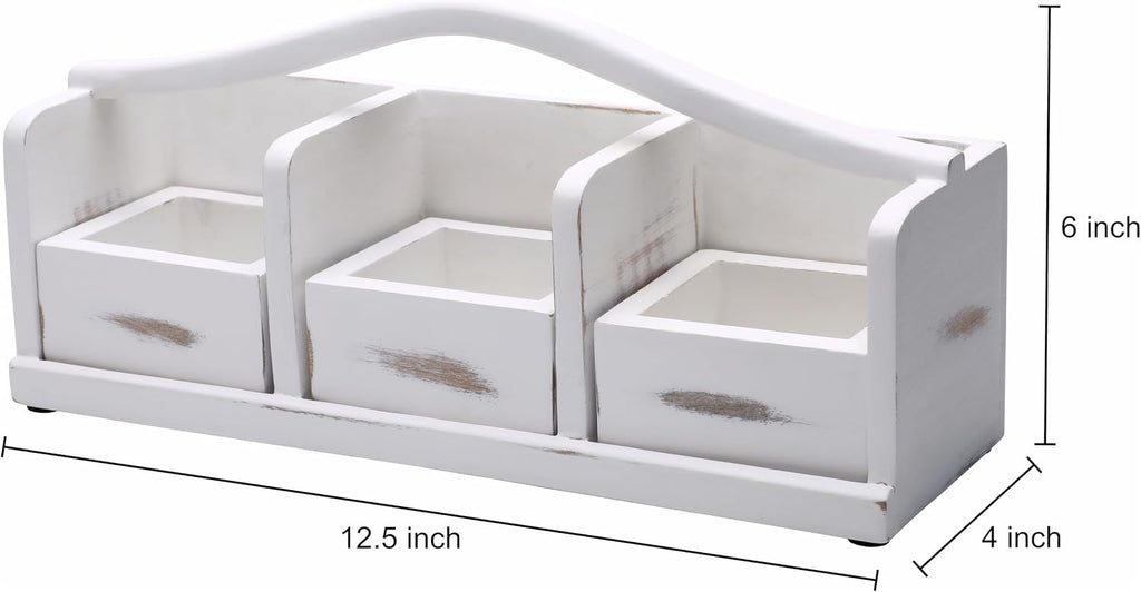 Wooden Tea Bag Organizer | Farmhouse Finish | 3-Compartment Storage | Countertop | Accessories: Tea Bag Squeezer, Natural Jute Placemat, Tea Spoon, Wooden Napkin Ring